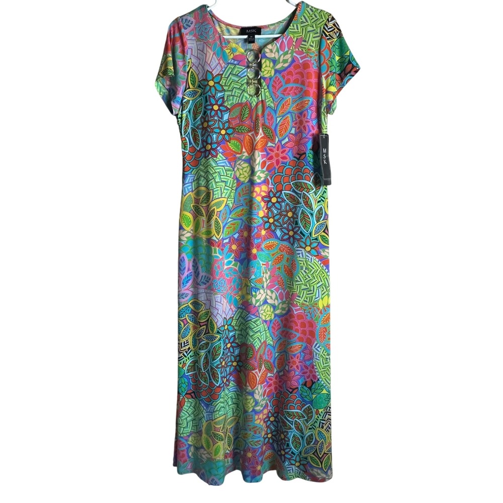 MSK Women Floral Stained Glass Print Boho Maxi Dress Vibrant Colorful Keyhole M